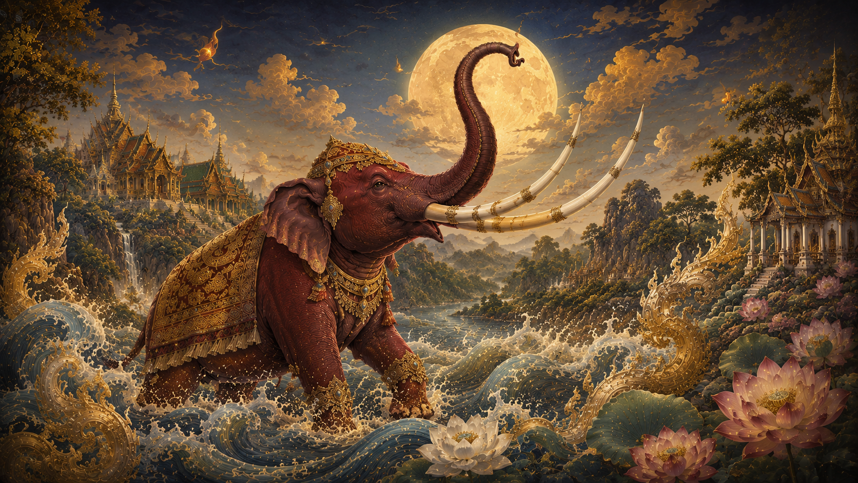HOMJAN heritage artwork — the red royal elephant beneath a full moon