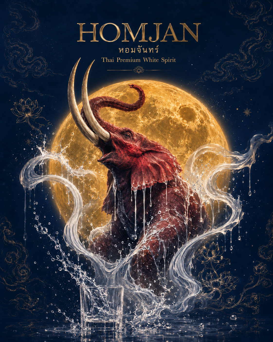 HOMJAN — the red royal elephant of legend, rising beneath a golden full moon